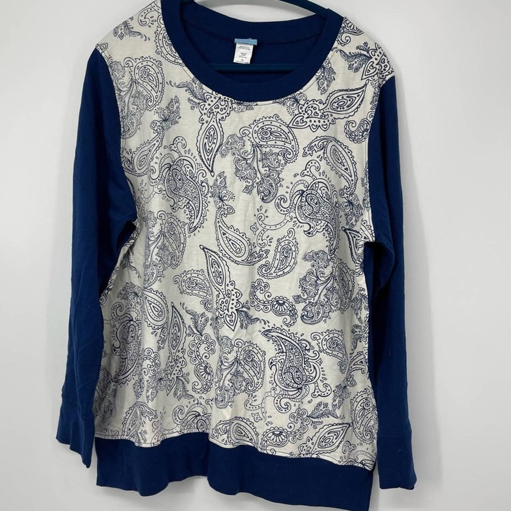 COMFORT CORNER BLUE & WHITE PAISLEY PRINT SWEATER SIZE XL